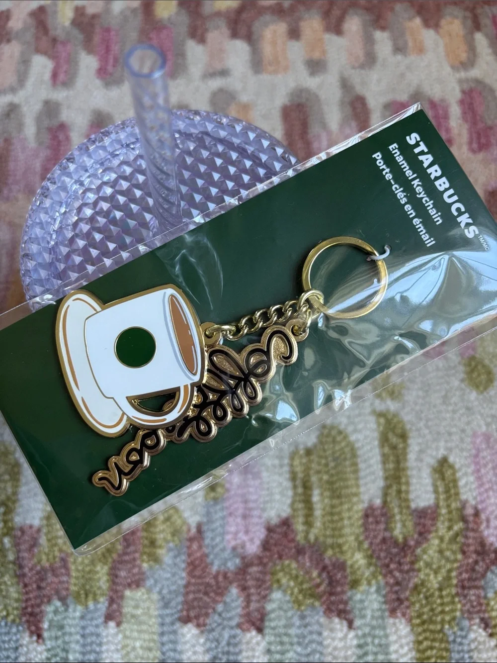 Starbucks NWT Enamel Keychain coffee cup coffee person in script sealed